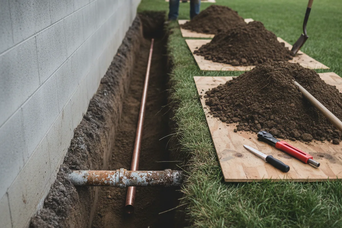 Excavated water line trench during Sewer Line Repair in Violet